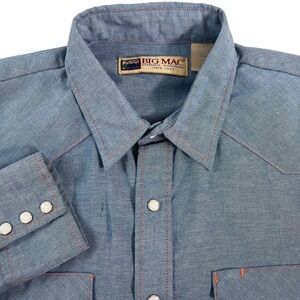 Vintage Y2K Big Mac Denim Blue Pearl Snap Western L/S Blue‎ Shirt LT